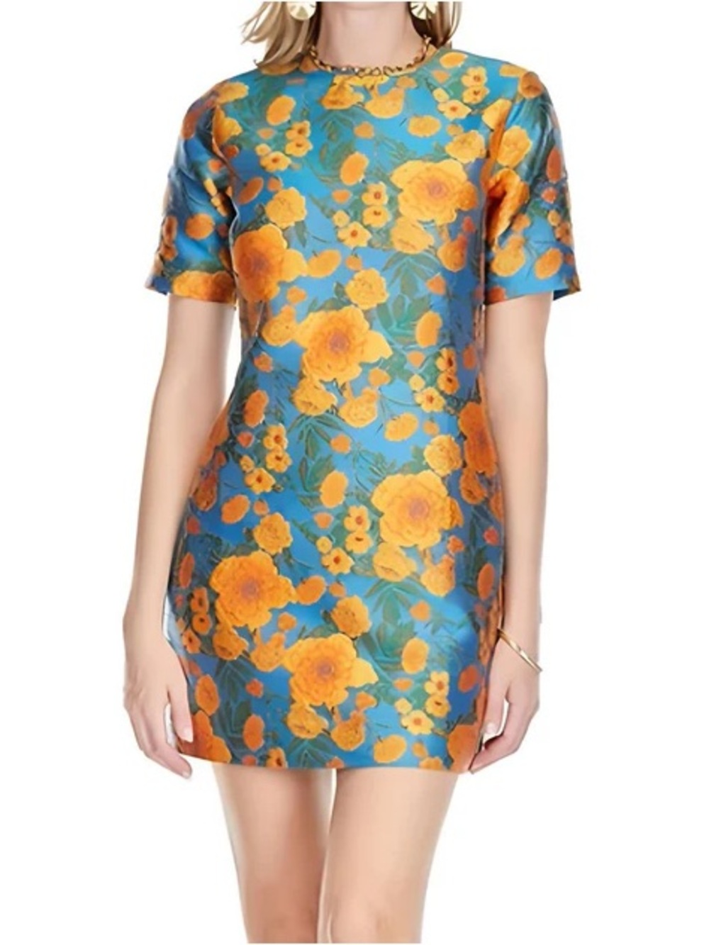 Jade • Jacquard marigolds floral shift dress